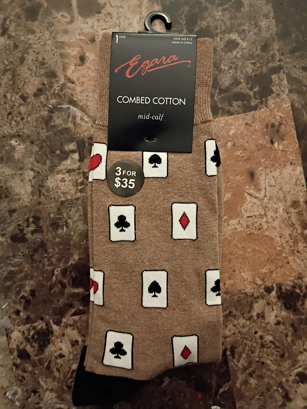 Egara Beige Mid-Calf Combed Cotton Socks with Card Suit Motif